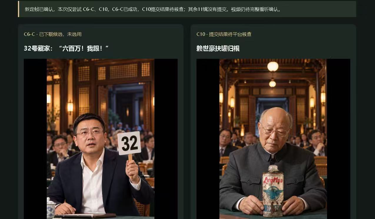推广小组审看页，展示举牌竞拍与人物手扶酒瓶的两个候选镜头